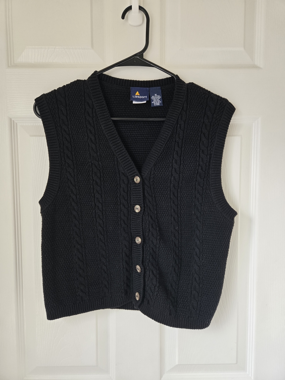 Lizsport Vintage Black Cable Knit Button-Front Sweater Vest Size Medium